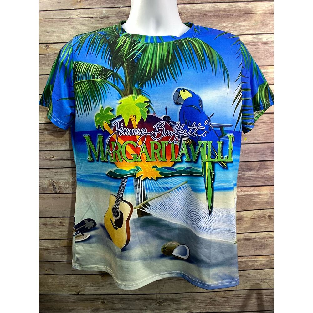 Jimmy Buffett All Over Print Shirt Size Large Dye sub poly/spandex Parrot guitar